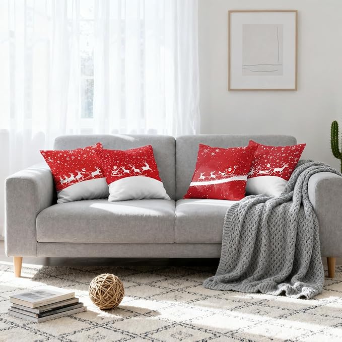 Christmas Red Pillow Covers 18x18 inch Set of 4, Santa Sleigh Reindeer Snowflake Winter Throw Pillows Cover Sofa Couch Pillow Cases for Farmhouse Indoor Home Decor Decorations