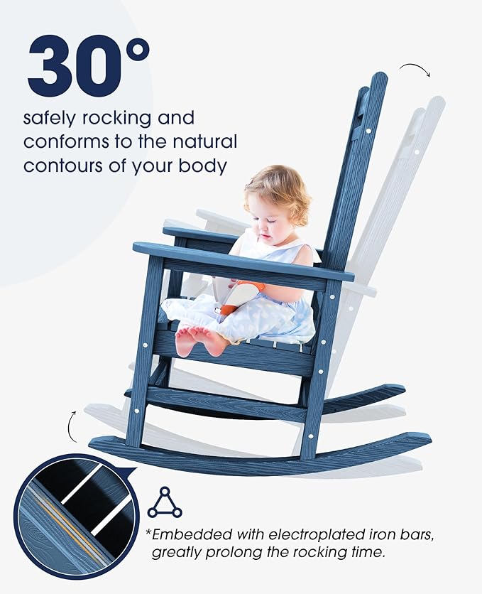 KINGYES Outdoor Rocking Chair Set of 4, All-Weather Patio Rocking Chairs for Porch, HDPE Rocking Outdoor Chairs with High Back for Adult, Heavy Duty Outdoor Patio Rockers for Garden, Lawn, Blue