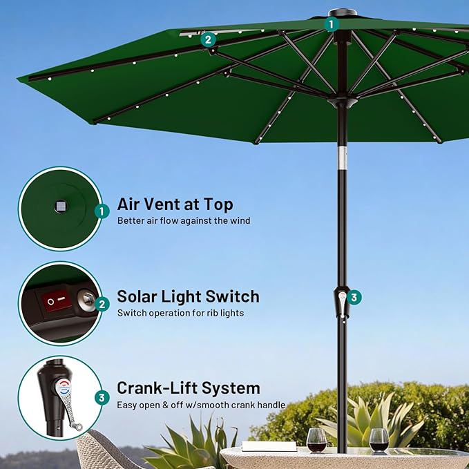 AreShark 9FT Patio Umbrella with Solar Lights, 32 LED Lighted Pool Umbrella w/Tilt and Crank, Outdoor Market Solar Umbrellas for Garden, Deck, Backyard, Pool and Beach, Dark Green