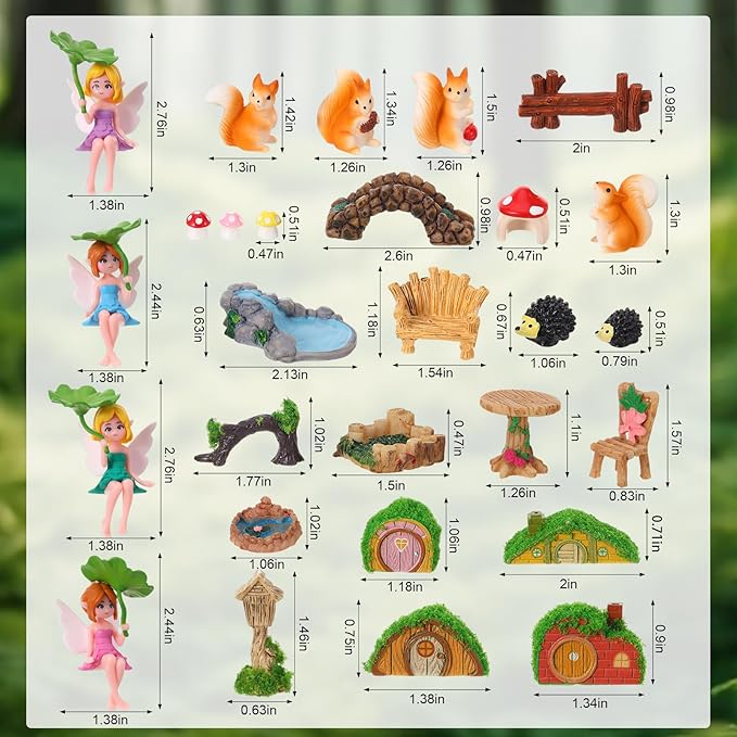 32 PCS Mini Fairy Garden Accessories Kit Miniature Garden Ornaments Included Resin House Statues Tiny Fairies Figurines Animal Plant Set for DIY Terrarium Potted Plants Dollhouse Desk Decor