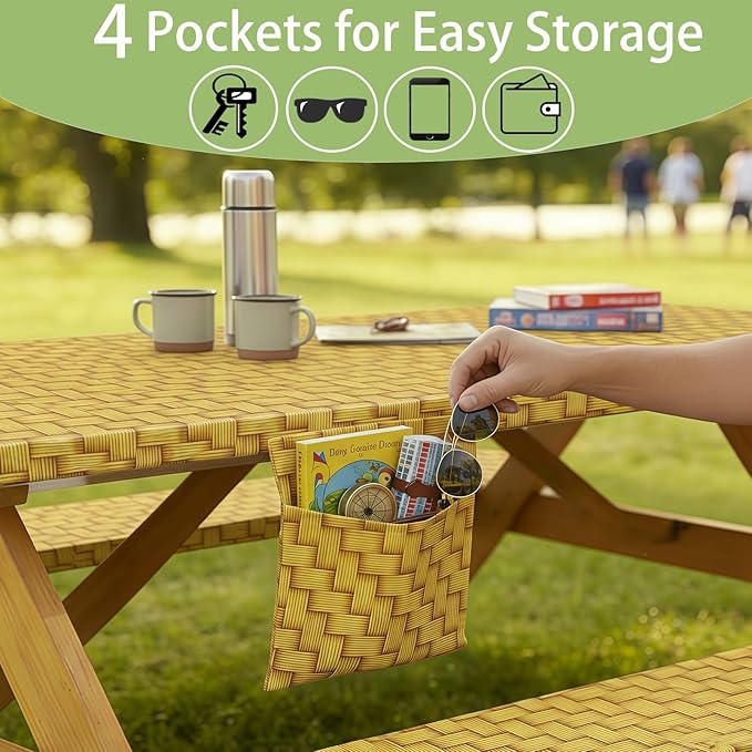 Fitted Picnic Table Cover with Chair Covers Elastic Water Resistant Camping Tablecloth for 6 Foot Rectangle Tables Garden Patio Outdoor Organization Road Trip Hiking Motorhome Essential Gift
