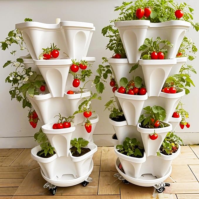 7 Tiered Strawberry Planters 2 Pack, Vertical Stackable Planter, Herb Stacking Tower Garden, Flower and Vegetable Planters with Support Pole Indoor & Outdoor with Removable Wheels Dark Grey