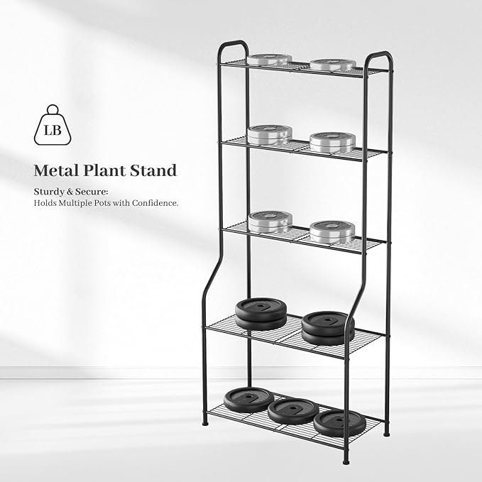 Plant Stand Indoor Outdoor for Multiple Plants, 5 Tier Tall Heavy Duty Metal Shelf, Large Flower Pot Holder Ladder for Garden, Patio, Living Room, Balcony, Black