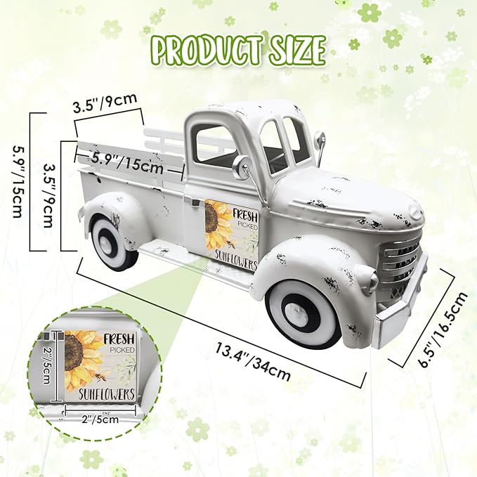 Sunflower Decor 13.4 Inch Vintage White Farmhouse Truck with 12 Magnets Sunflower Kitchen Spring Decorations for Home Shelf Office Metal Pickup Interchangeable Seasonal Decor Garden Truck Planter