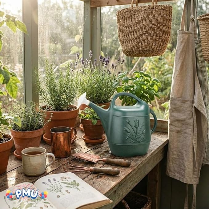PMU 2 Gallon Watering Can - Garden Watering Can for Indoor & Outdoor Plants - Plastic Water Can with Detachable Sprinkler Head - Large Water Pot, Made in USA - Hunter Green Pkg/3