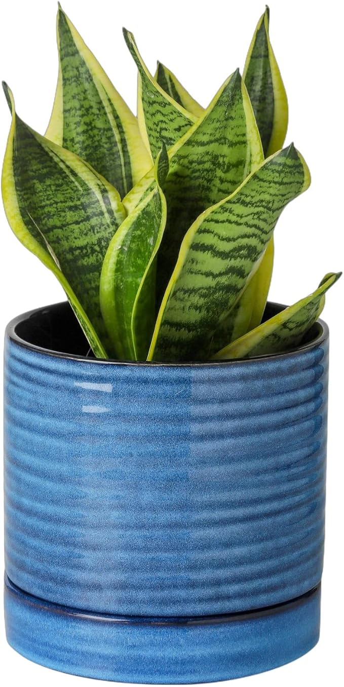 HASENSE Ceramic Plant Pots Indoor Outdoor, 6 Inch Pot for Plants with Drainage Hole and Saucer, Reactive Glaze Blue Modern Planter for Housewarming