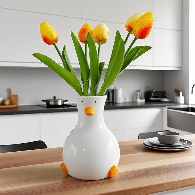 Handcrafted Ceramic Duck Vase - White Modern Flower Vase with Unique Duck Design - Round Aesthetic Table Decor - Funky and Trendy Art Vase