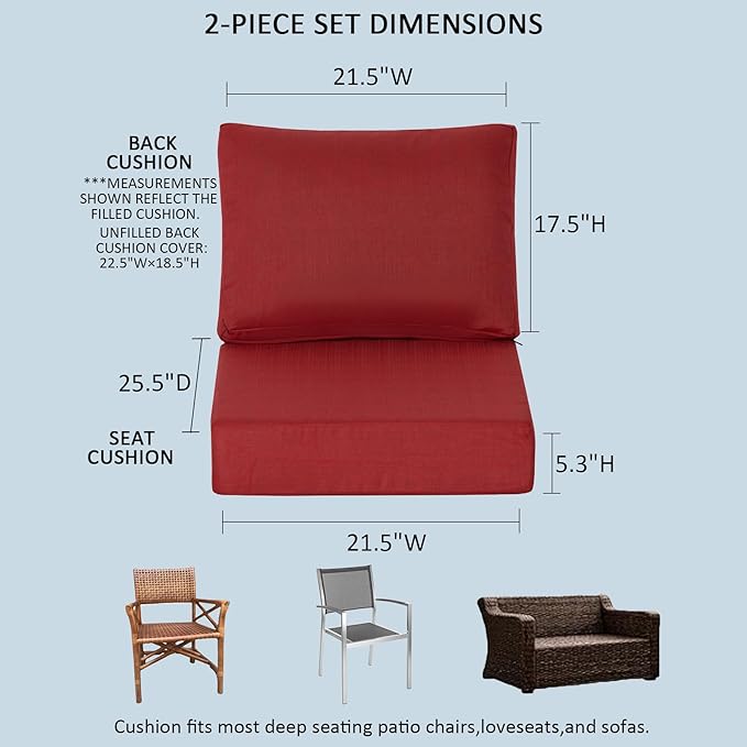 21.5x25.5 Inch Outdoor Deep Seat Cushions Set of 2,Thick High-Density Foam, Water-Resistant, Piped Edges & YKK Hidden Zipper for Patio Furniture,Chili