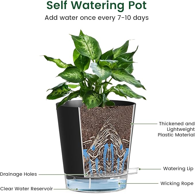 Self Watering Pots Set of 7 – Assorted Size 4" to 8" Indoor Plant Pots with Drainage Holes and Clear Reservoir for Visible Water Level, Plastic Wicking Planter for House Plants & Flower, Black