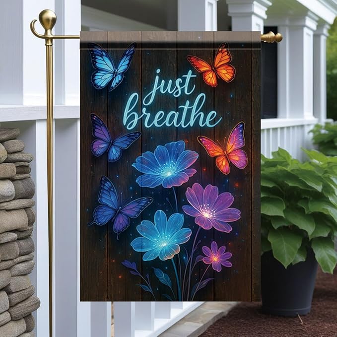 Just Breathe Garden Flag 12x18 Inch Double Sided Outdoor Yard Banner Blue and Orange Butterflies with Glowing Flowers Inspirational Quote Decor for Spring Summer Garden Decoration