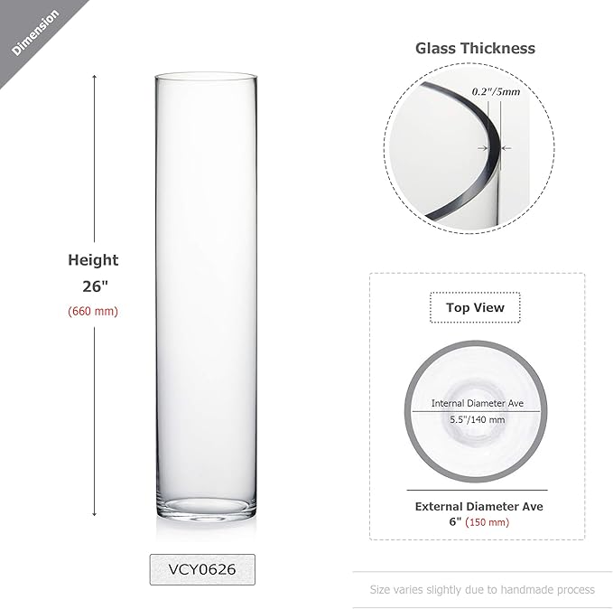 WGV Cylinder Vase, Width 6", Height 26", Clear Tall Glass Container Terrarium Candle Holder for Wedding Centerpiece, Party Event, Home Office Decor, 1 Piece