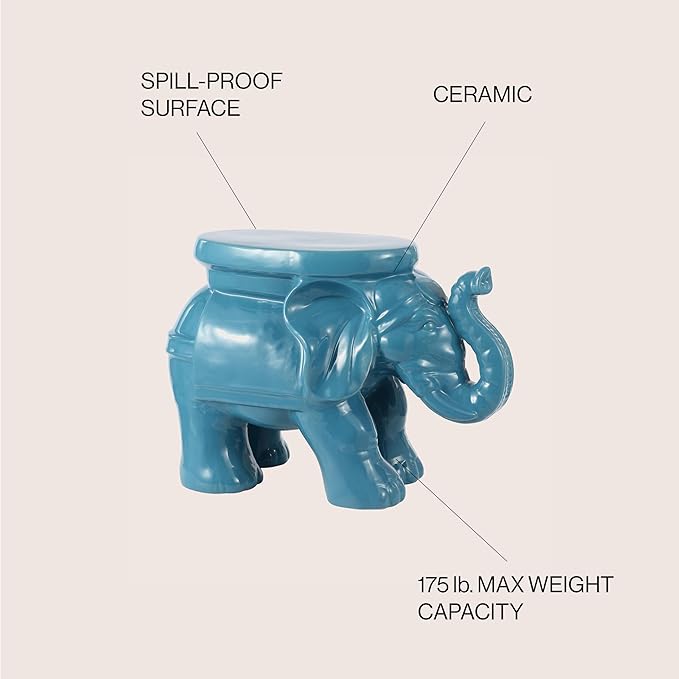 JONATHAN Y TBL1007D White Elephant 14.25" Ceramic Indoor/Outdoor Garden Stool Coastal, Contemporary, Transitional, Patio, Garden Room, Bathroom, Living Room, Blue
