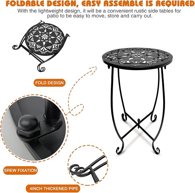 Fashion&cool Outdoor Side Tables, Weather Resistant Metal Patio Side Table, Small Round Outdoor End Table Side Table for Patio Yard Porch Balcony Garden Bedside, Plant Stand for Indoor Outdoor