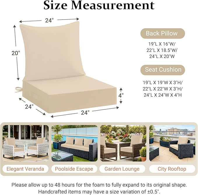 downluxe 24x24 Outdoor Chair Cushions, Waterproof Fade Resistant Patio Furniture Cushions with Handle & Removable Cover, Deep Seat Outdoor Cushions for Sofa, Couch and Patio Chairs, Beige