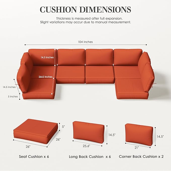 Outdoor Replacement Cushions for Patio Furniture, 5" Foam High-Density, 14-Piece Water-Resistant Outdoor Cushion for 6-Seat Sectional Patio Conversation Sets, Liner&Cover