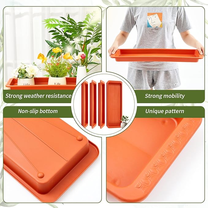 4 Pack Terracotta 24 x 8 x 1.6 Inch Rectangle Plant Saucer Large Plastic Plant Tray Water Drip Trays for Windowsill Flower Pot Planter Drainage Germination Garden Indoor Outdoor Use