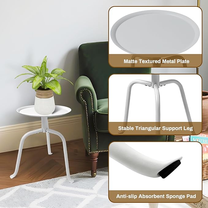 Plant Stand Indoor Outdoor, 11'' Round Black Mid Century Single Plant Table, 3-Leg Small Metal Plant Holders Flower Pot Stand, Modern Round Small Side End Table with Raised Design (White)