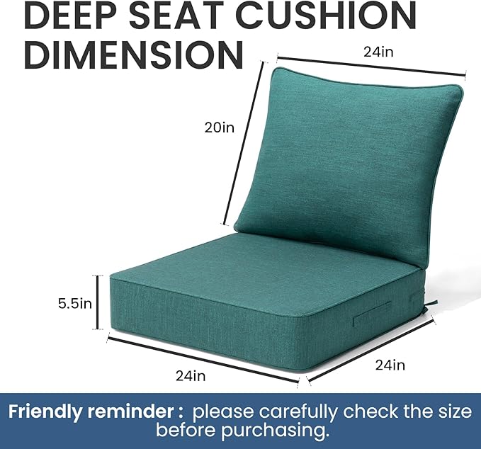 Crestlive 5.5" Outdoor Cushion for Patio Furniture Set of 2, 24 x 24, Waterproof and Fade-Resistant Deep Seat Cushions for Chair, Wicker Sofa and Couch, Malachite