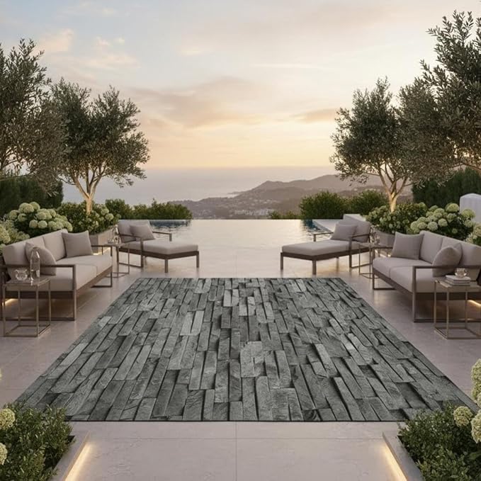 10x14 Outdoor Rug 3D Illusion Grey Brick Wall Pattern Modern Farmhouse Waterproof Area Rugs for Patios Deck Balcony Backyard Deck Garden Camping Pool Non Shedding Thin Deco Floorcover Carpet