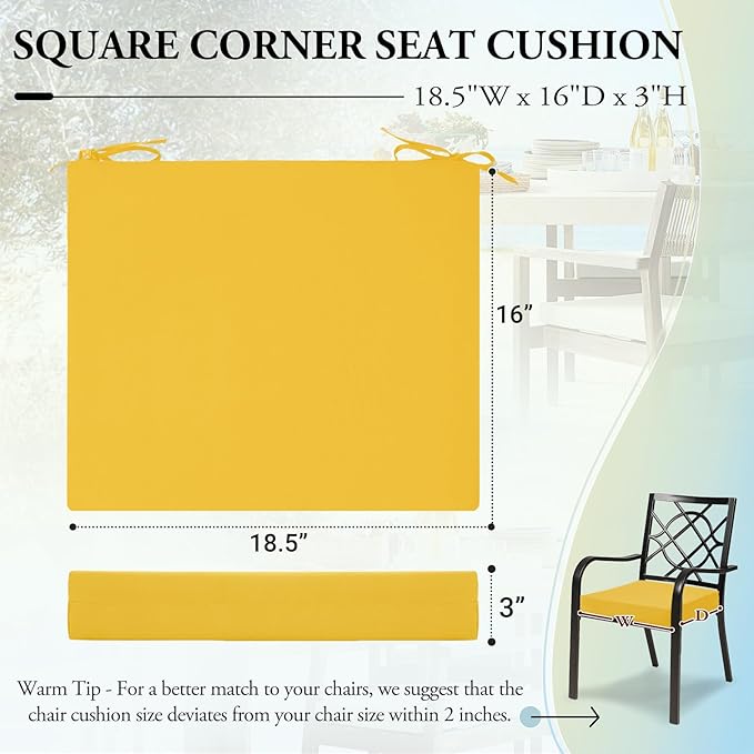 Wellsin Outdoor Chair Cushions for Patio Furniture - Outdoor Cushions for Chairs - Waterproof Patio Chair Cushions Set of 4, 18.5"X16"X3", Yellow