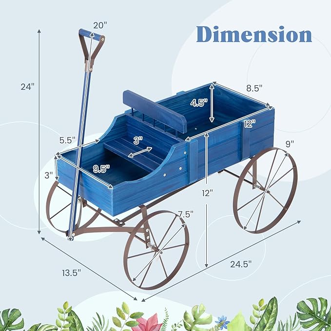 Wooden Wagon Planter with Wheels, Indoor/Outdoor Flower Cart w/Dual-Compartment & Adjustable Handle, Decorative Garden Planter for Home, Yard, Wedding (Blue)