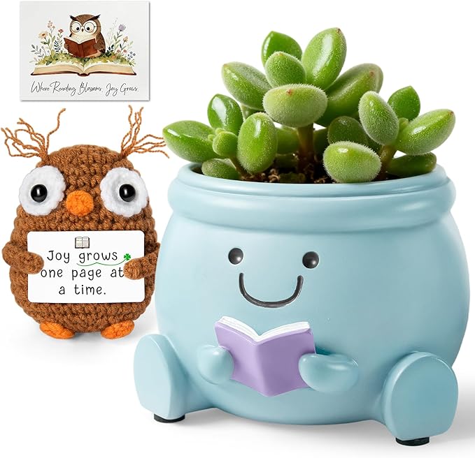 Book Lover Gift Set - Cute Reading Planter Pot with Positive Crochet Owl & Quote Card, Cozy Desk Decor for Teachers, Librarians, Women, Colleague, Friends