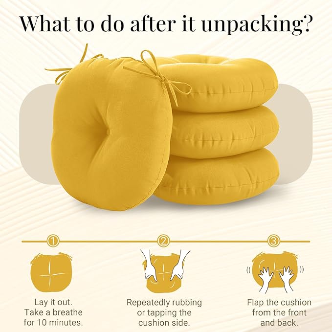 downluxe Bistro Chair Cushions for Patio Furniture, Water-Resistant Round Outdoor Chair Cushions Set of 4 with Non-Slip Ties, 15" x 15", Yellow