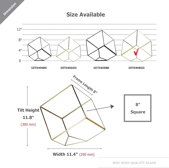 WGV Geometric Planter Terrarium Bulk, Width 11.5" Height 12" Clear Glass Gold Frame DIY Succulent air Plant Miniature Fairy Garden Windowsill Tabletop Decor, Tilted Cube 4 Pieces