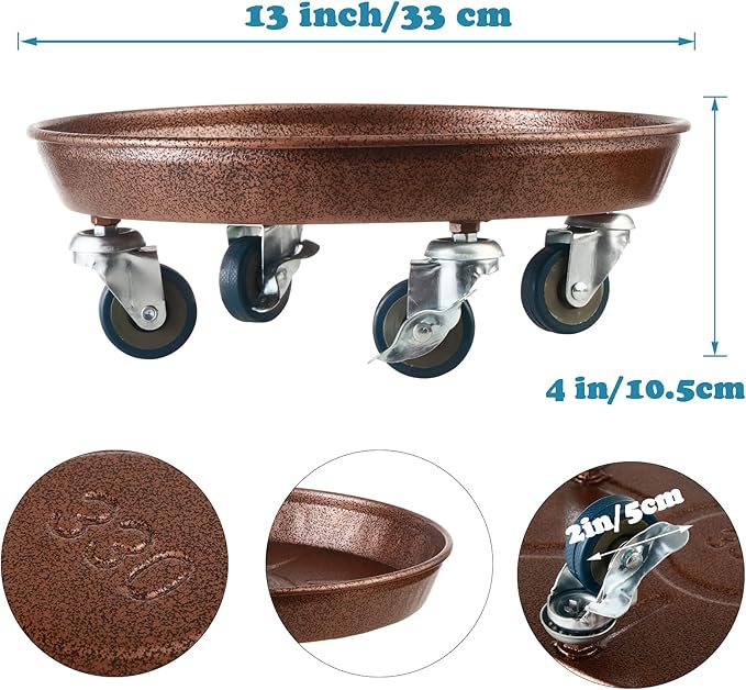 3 Packs Metal Plant Caddy with Wheels 13" Rolling Plant Stand Heavy Duty Plant Dolly with Casters for Indoor and Outdoor Large Planter Casters Potted Plant Mover,Copper