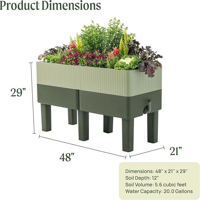 Vego garden EZCube Self Watering Planter Box with Legs, 29" Elevated Raised Garden Bed with Water Gauge for Patio, Backyard 21" x 48" Sage Green