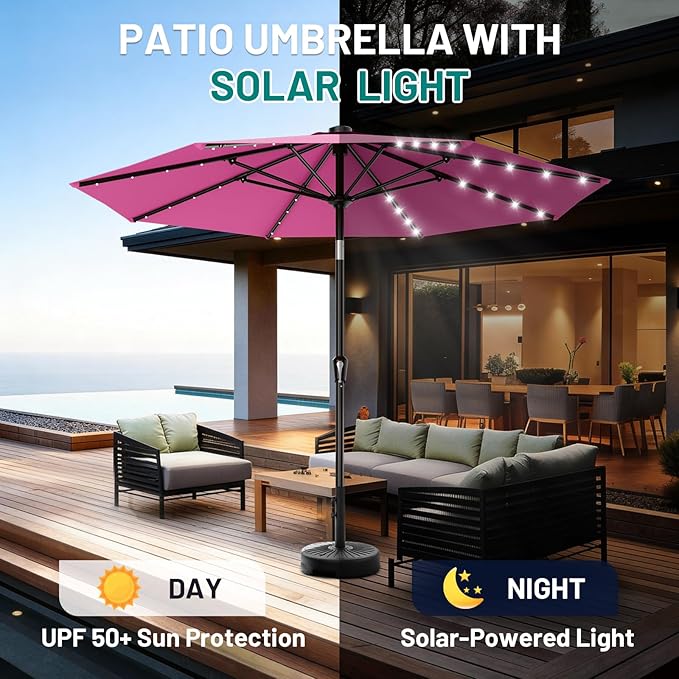 AreShark 9FT Patio Umbrella with Solar Lights, 32 LED Lighted Pool Umbrella w/Tilt and Crank, Outdoor Market Solar Umbrellas for Garden, Deck, Backyard, Pool and Beach, Rose Pink