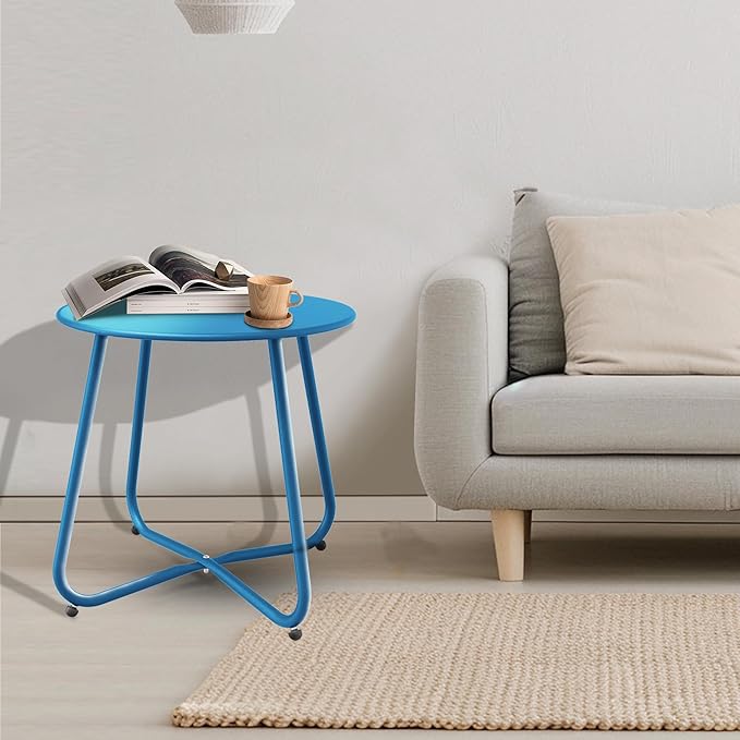 Patio Side Table, Round Metal Steel Weather Resistant Portable Patio Table， Outdoor and Indoor Patio Small Table for Garden Balcony Yard, Peacock Blue