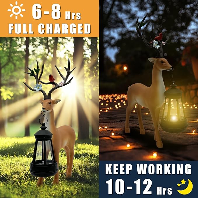 Solar Lantern Garden Statues Decor, 12" Outdoor Deer Figurine Lights for Yard Patio Decoration - Unique Christmas Housewarming Gift for Grandma Wowen Mom