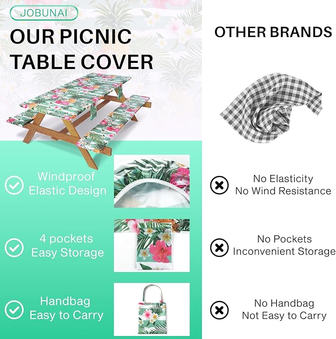 3 Piece Picnic Table Cover with Bench Covers Elastic Fitted Heavy Duty Camping Table Cloths for 8Ft Tables Camper Travel Trailer Must Haves Motorhome Garden Organization Moms Dads Kids Gift