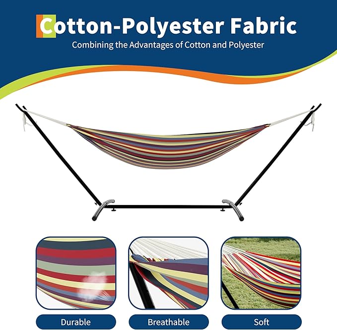 GarveeLife Instant-Setup 2-Person Hammock with Reinforced Steel Frame – Portable Outdoor Lounger for Garden, Camping & Beach (450 LB Capacity + Quick-Fold Carry Bag),Yellow Rainbow Stripe