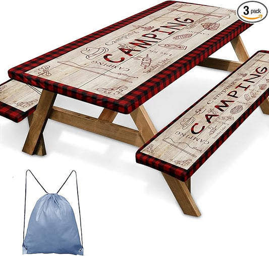 Picnic Table Cover with Bench Covers Elastic Edges, Red Plaid Fitted Table Cover, Outdoor Patio Camping Essentials 72 Inch 3PCS, Waterproof Camping Fitted Tablecloth with Drawstring Bag