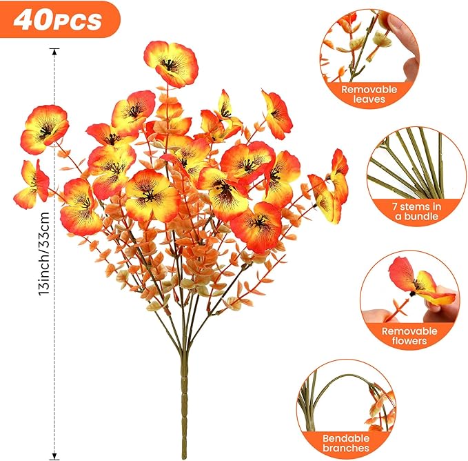 Alupssuc 40 Bundles Artificial Fall Flowers for Outdoors Autumn Decorations, Fake Big Pansies Silk Plants UV Resistant Realistic Faux Flowers Plants for Planter Porch Patio Window Decor, Autumn Orange
