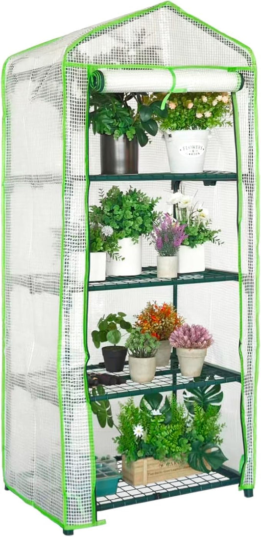 Mini Greenhouse for Indoor Outdoor, Small Plants Green House with 4 Tier Shelves, Portable Plastic Greenhouses with Durable PE Cover for Garden Backyard Patio Balcony Porch (White)