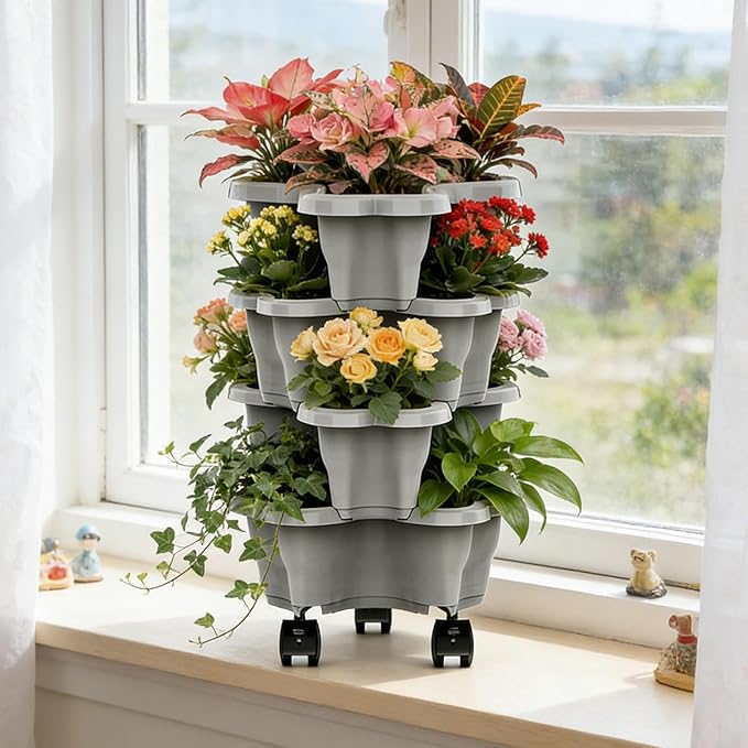Vertical Planter, Stackable Weatherproof Multi-Tier Stackable Tower Planters, Garden Planters for Strawberry Herb Flower and Vegetable Indoor Outdoor