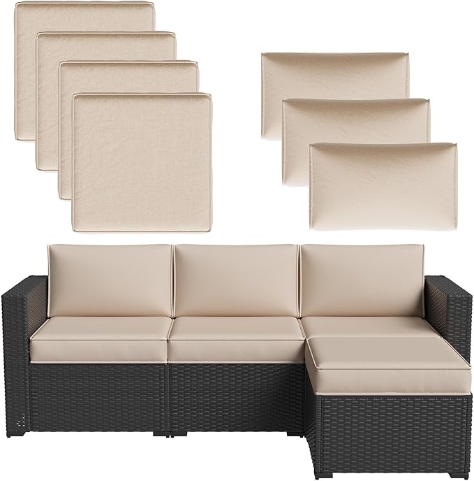 Aoxun Patio Furniture Cushions for Outdoor Furniture Set of 4, Thick Replacement Patio Couch Cushions for Outdoor Furniture, 7-Piece Splashproof Fade Resistant Outdoor Couch Cushions, Beige