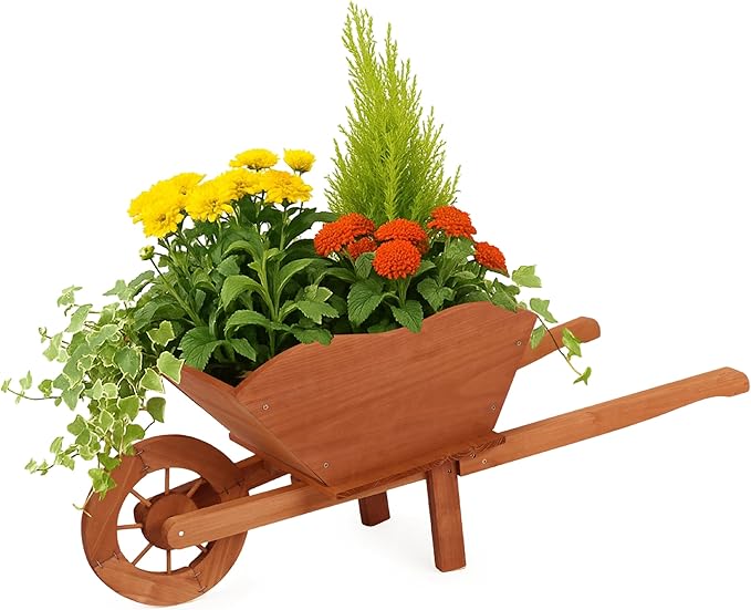Beipoo Decorative Wooden Wagon Planter Box, Wood Wheelbarrow Planter with Handles, Drainage Hole, Wagon Garden Planter, Flower Cart for Indoor Outdoor Decor