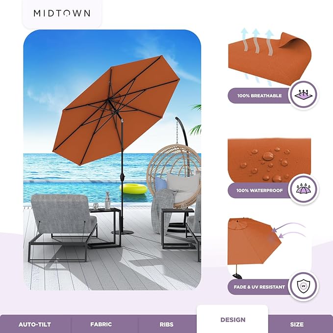 Midtown Umbrellas - 10-Year-No-Fade 6 Ft Patio Umbrella with Terylast Fabric, Auto-Tilt Aluminum Frame and 8 Reinforced Ribs for Deck, Pool, Garden & Beach - Terracotta Orange Canopy, Black Pole