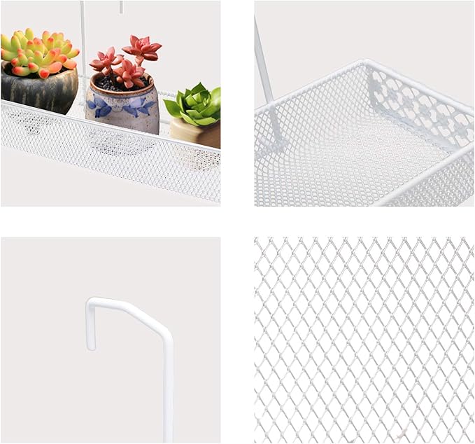 Chris.W Iron Hanging Shelf Basket with Hooks Balcony Succulent Plants Mini Flower Pot Holder Railing Shelf, for Patio Porch or Fence (White)-Small