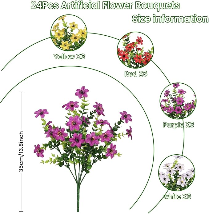 SHareconn 24 Bundles Artificial Flowers for Outdoors Spring Decoration, Fake Silk Realistic Faux Plants UV Resistant for Outside Planter Porch Patio Indoor Decor, RedPurpleYellowWhite