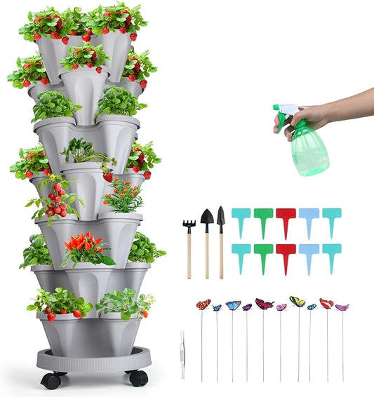 GameXcel Vertical Planter, 7 Tier Stackable Strawberry Planter with Garden Tool Set, Movable Indoor/Outdoor Garden Herb Pot for Growing Vegetables and Succulents, Gray