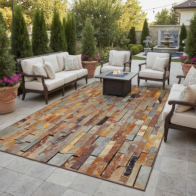 Rust Brown Yellow Stone Wall Texture Outdoor Area Rug for Patio Pool Deck Porch Balcony Garden 3D Visual Farmhouse Backyard Machine Washable Large Carpet 7x10 Non Slip Waterproof Outside Rugs Mat