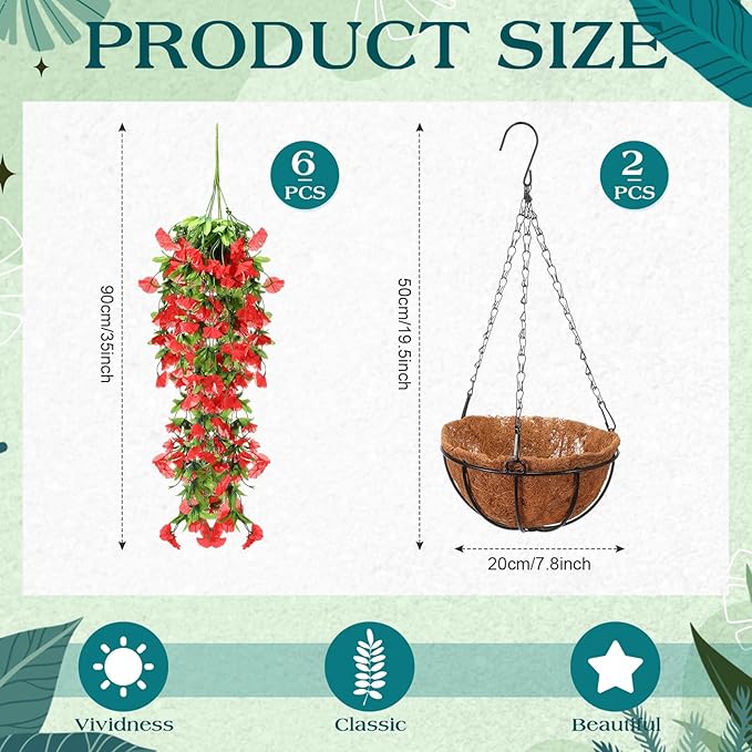 Hotop 2 Set Artificial Hanging Flower Basket and 6 Pcs Bougainvillea Silk Vine Flower for Outdoor Indoor UV Resistant Faux Hanging Plant Coconut Lining Planter Pot(Red)