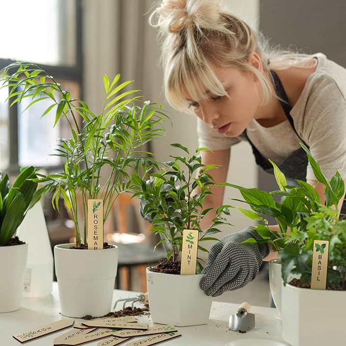 Teling 50 Pcs Wooden Plant Labels with Marker Pen DIY Garden Stakes Sign Sturdy Vegetable Plant Markers Wood Herb Garden Labels for Seed Potted Flowers Outdoor Indoor Kitchen Planter(Classic Style)