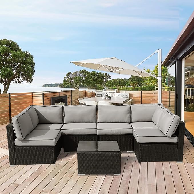 Patio Furniture Cushions,14Pieces Water-Resistant Outdoor Replacement Cushions,Sectional Sofa Cushions for Fits 6-Seats Rattan Wicker Patio Conversation Sets