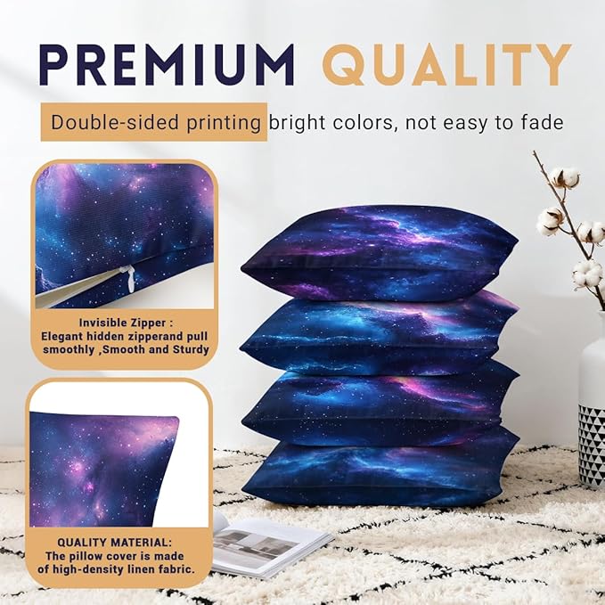 Galaxy Space Pillow Covers 18x18 inch Set of 4, Cosmic Nebula Starry Sky Abstract Cushion Case Outdoor Sofa Throw Pillows Cover Garden Pillow Covers for Couch Living Room Bed Indoors Home Decor
